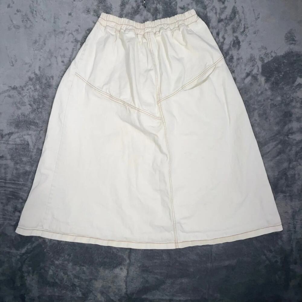 Womens Vintage Cream Cotton A-Line Midi Skirt Elastic‎ Waist Pockets Casual Boho